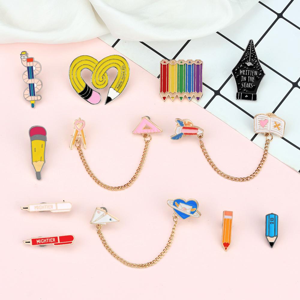 Cartoon Stationery Enamel Pin for Student Creative Rainbow Pen Pencil Ruler Chain Brooches Children Backpack Lapel Badge Jewelry