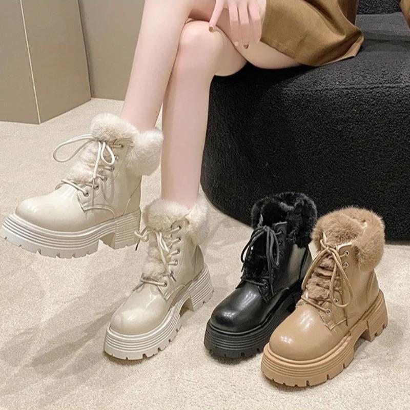 Womens Snow Boots Winter Plush Warm Cotton Boots High Quality Casual Leather Boots for Women Lace Up Ankle Boot Botines De Mujer