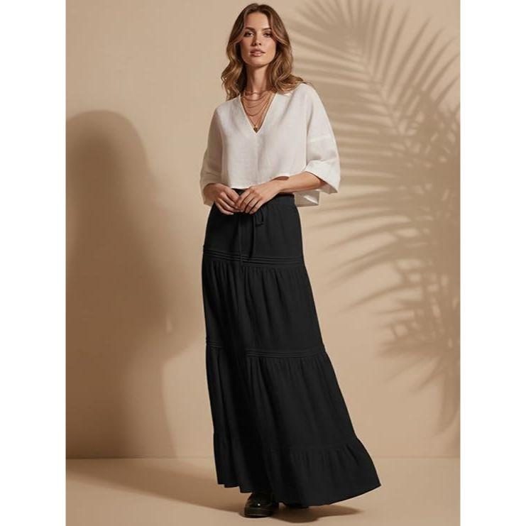 Jupe Maxi d'Été pour Femme à Volants sur l'Ourlet en PolyMélange | Jupes Longues Taille Haute | Jupe Unie Fluide Coupe A pour Toutes les Occasions | Style Bohème Élégant