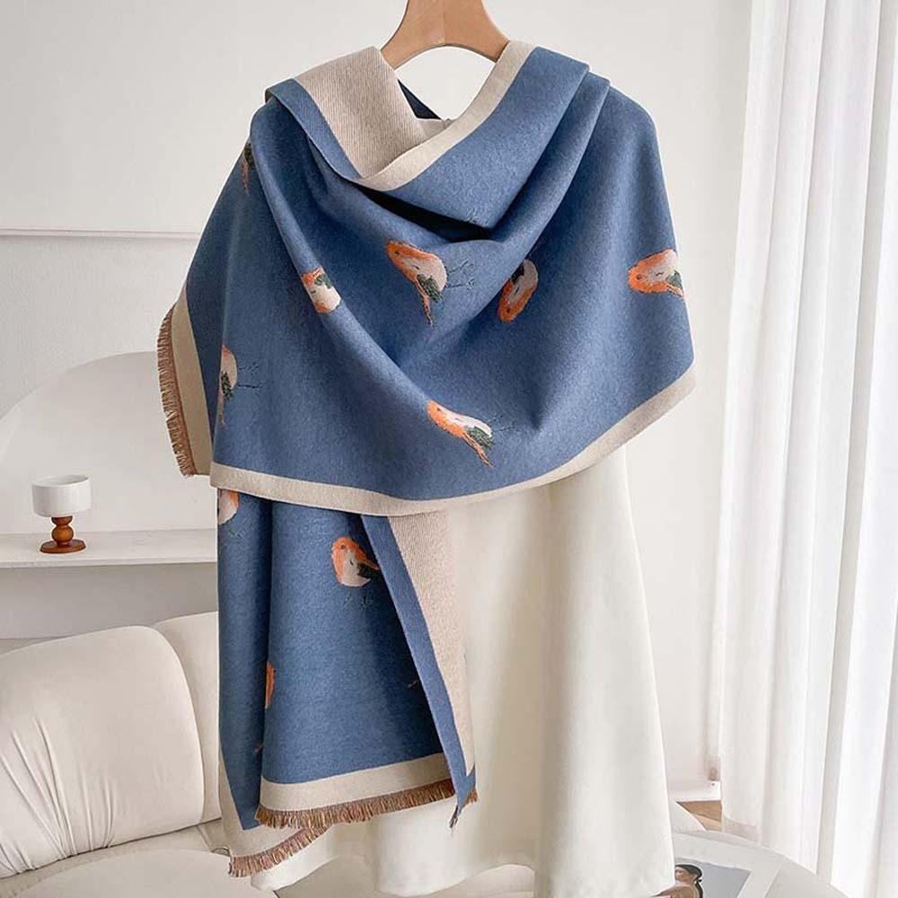 Elegant Printing Magpie Bird Shawl Imitation Pashmina Thick Warm Wraps Travel