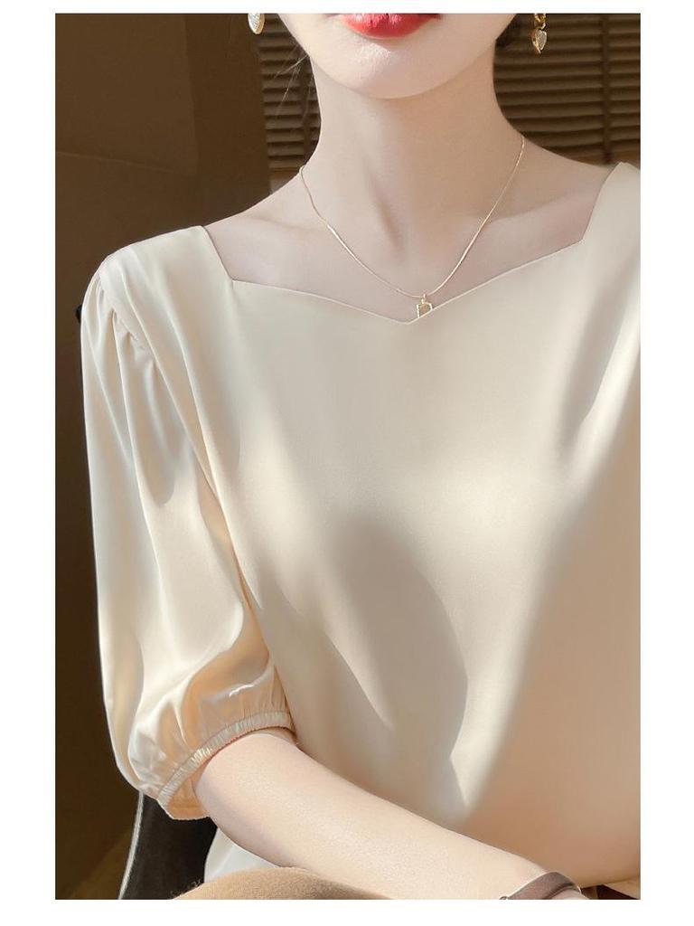 Damen Sommer Acetat Satin Diamantkragen Locker Kurzarm Mode Top