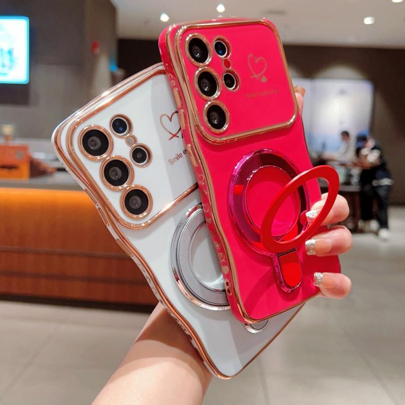 Wave Frame Plating Glossy Phone Case For Samsung Galaxy S25 Ultra S24 FE S23 S22 Plus S21 TPU Soft Shockproof Ring Holder Bracket Back Cover