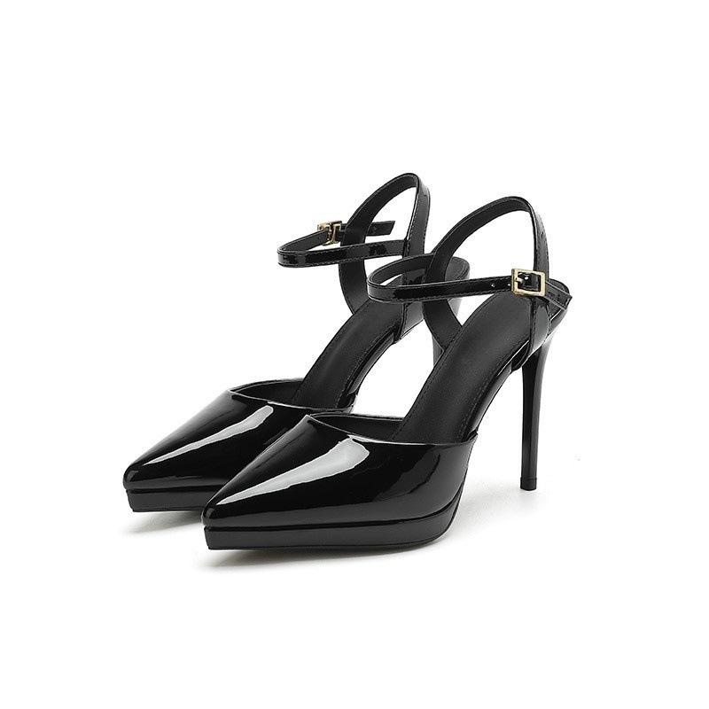 One-word Sandals with Bag Head for Women, New Waterproof Table Stiletto Patent Leather Nude High Heels