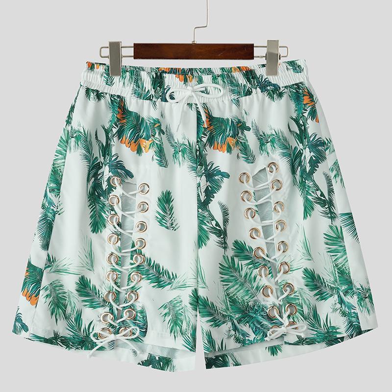 

INCERUN Men Summer Elastic Waist Floral Print Bandage Hollow Casual Beach Holiday Shorts XL зелёный