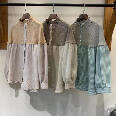 Spring Autumn Plaid Shirt Women Versatile Fungus Stand-up Collar Doll Causal Loose Shirt Women