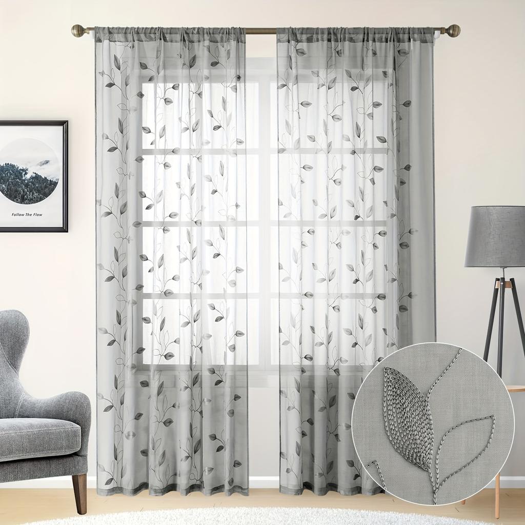 2 pièces Voilages Brodés Style Jardin Motif Feuille, Rideaux en Polyester à Poches pour Barre pour Chambre à Coucher, Salon, Cuisine