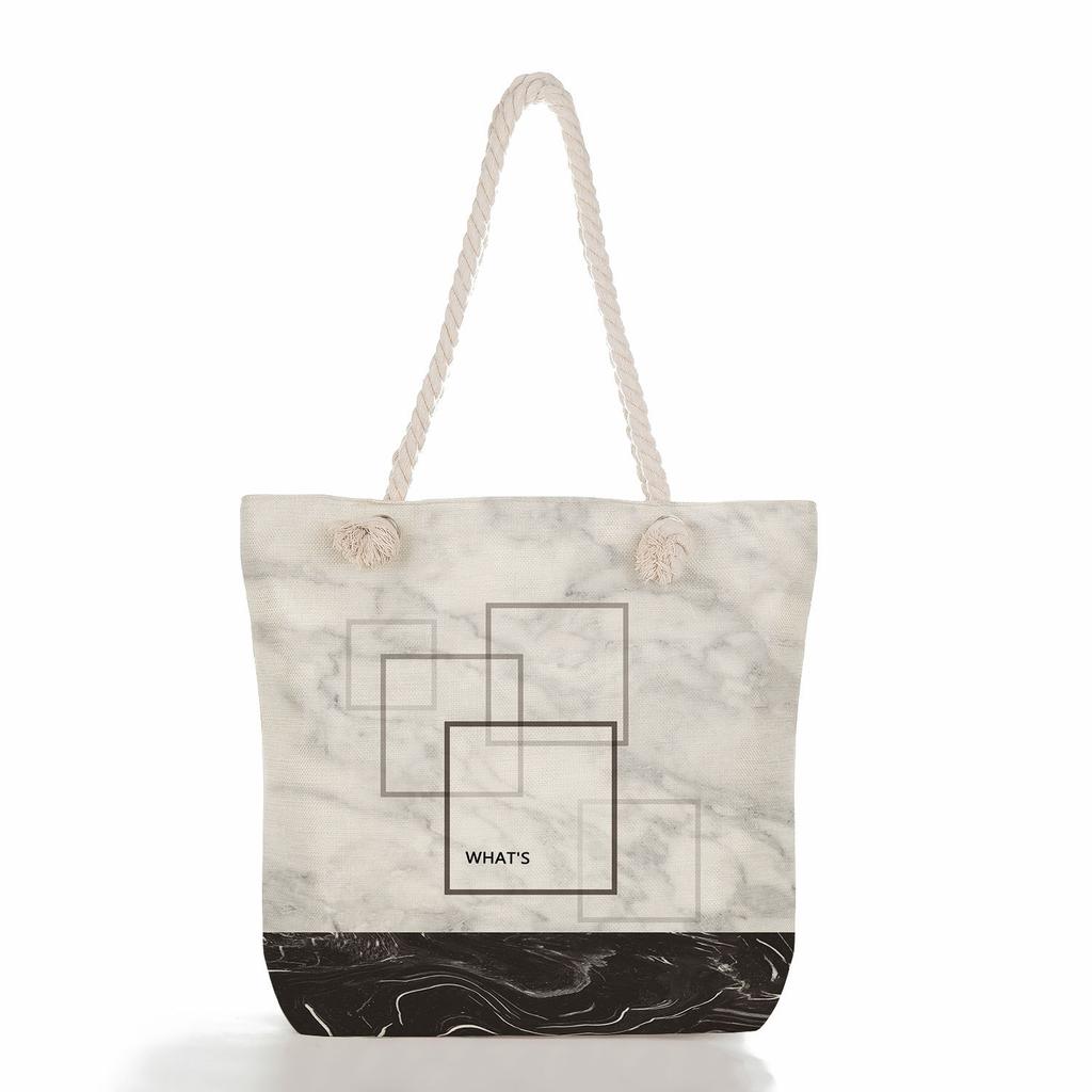 Marble green leaves print thick rope single-shoulder beach bag 7273 CLE