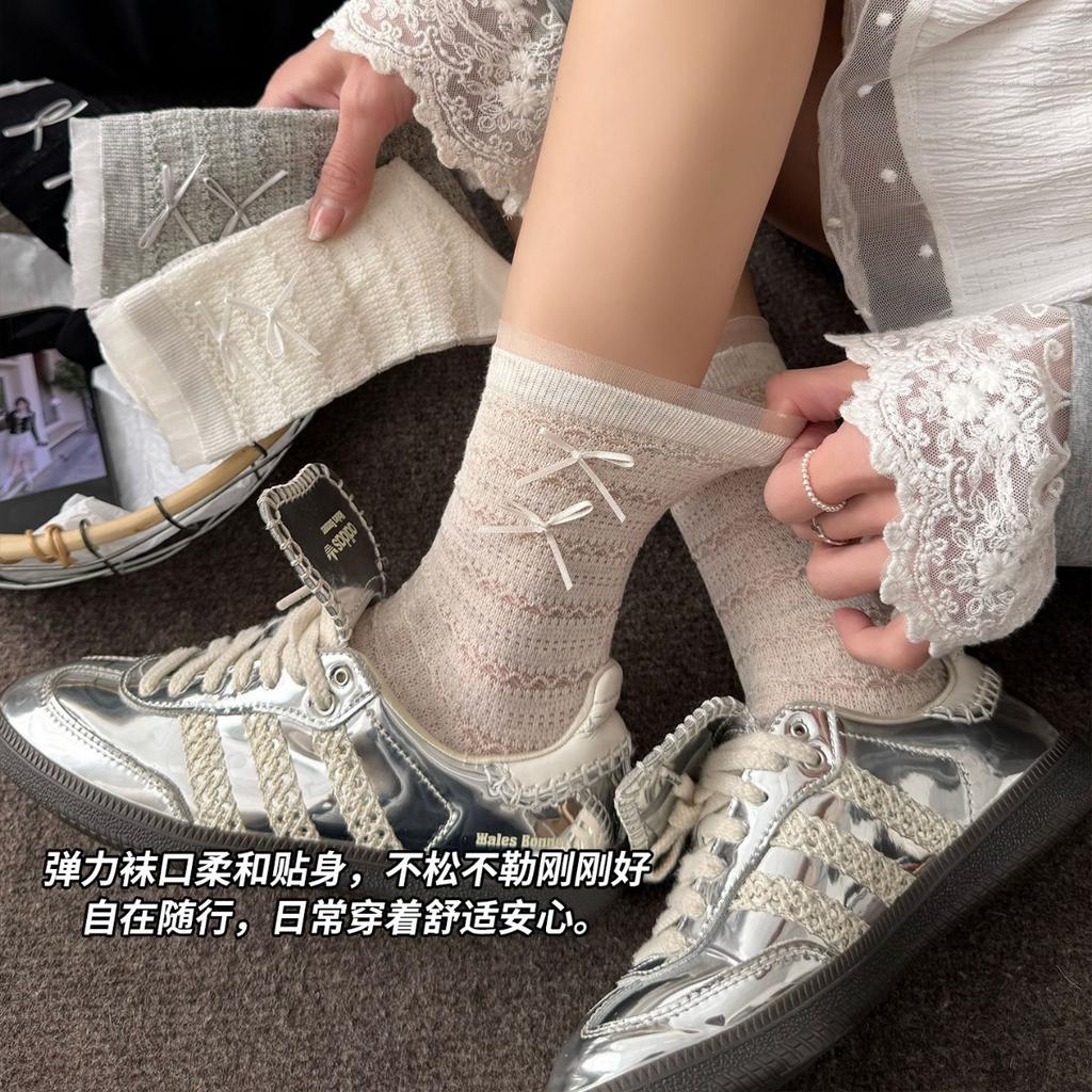 Miu Bow Socks Women'S Summer Thin Medium Tube Socks Japanese Hollow Silk Socks Lace Lace Stacking Socks