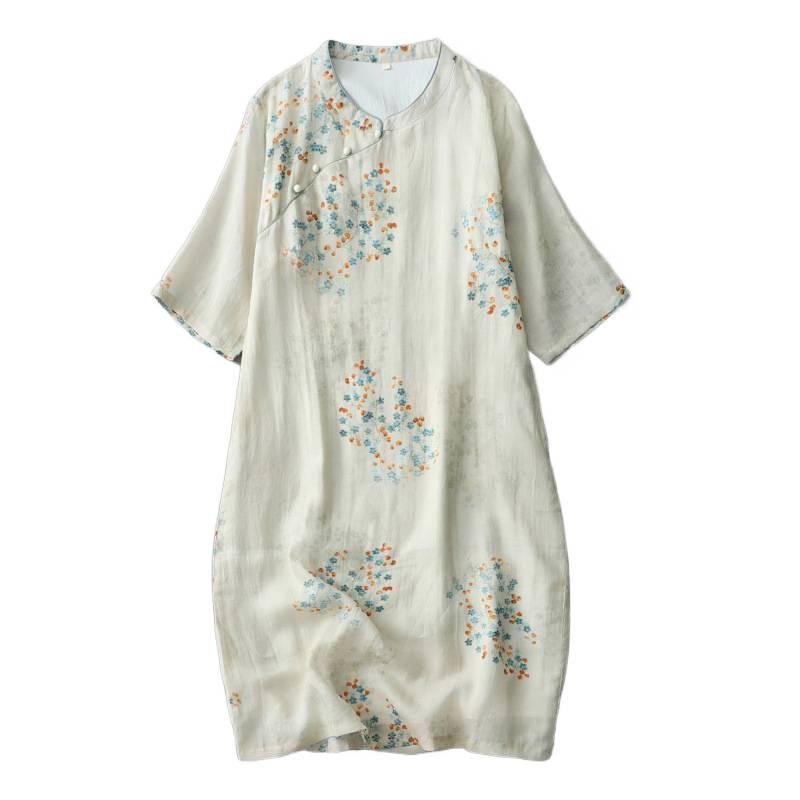 Chinese Style Fresh Age-Reducing Qipao Dress: Stand Collar, Diagonal Placket, Slim-Fit, Mid-Sleeve, Summer Cotton-Linen Blend for Women.