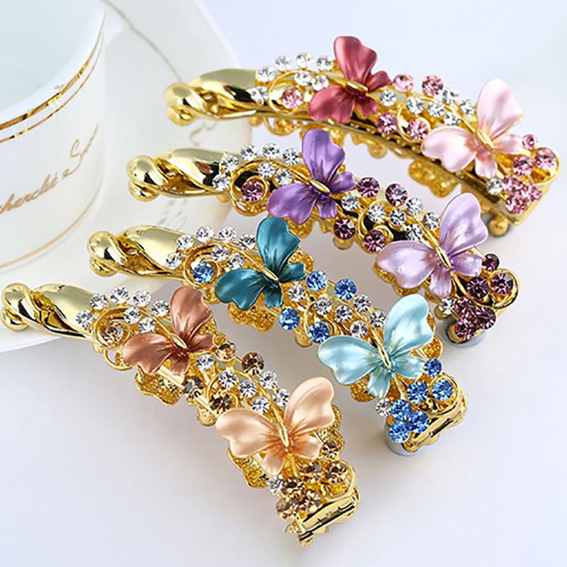 Women Elegant Crystal Diamond Hairpin Resin Butterfly Shaped Banana Hair Clip Claw Ponytail Holder Headwear Barrette