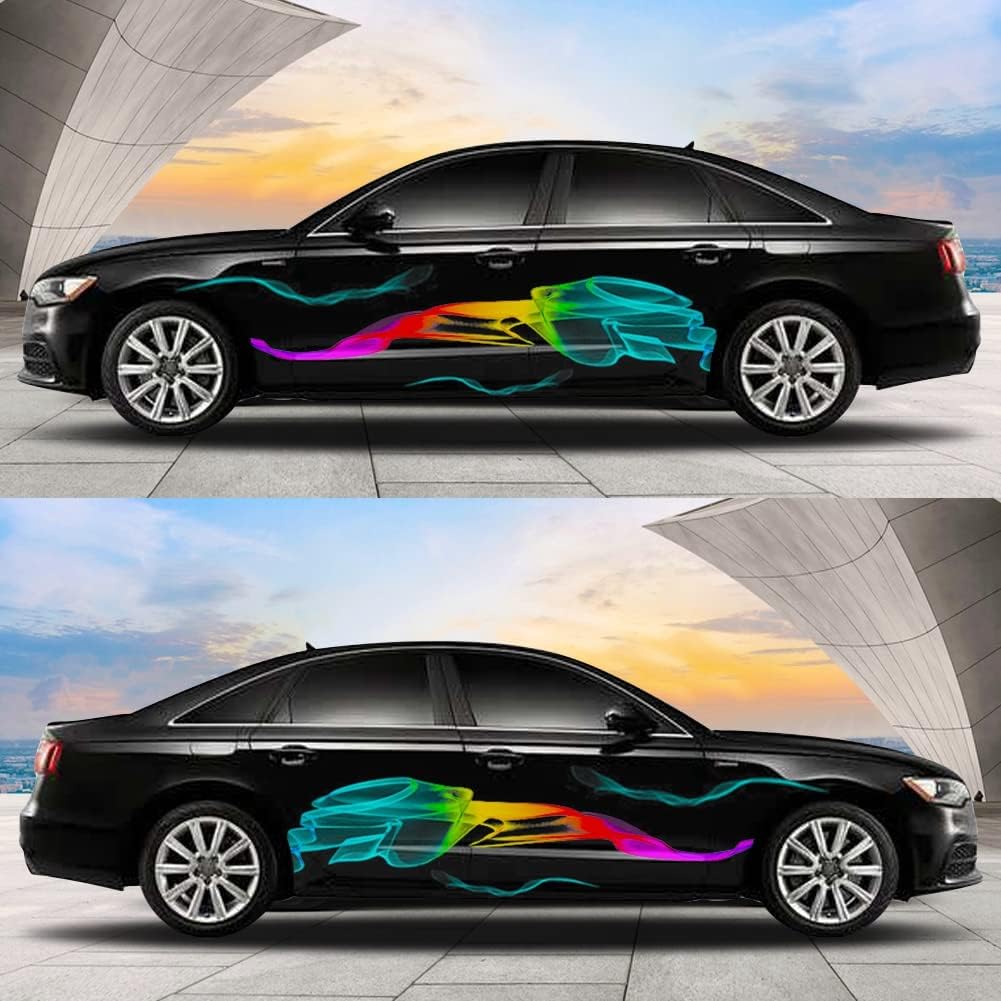 1 Set Rainbow Streamer Graphics Car Auto Body Side Sticker Colourful Smoke Vinyl Sticker Car Self-Adhesive Side Strip Decal, 82.67'' x 16.53''