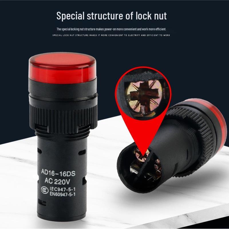 AD16-16DS LED Indicator Light: 16MM, 24V, 220V/380V, Red/Yellow/Green/Blue/White Signal.