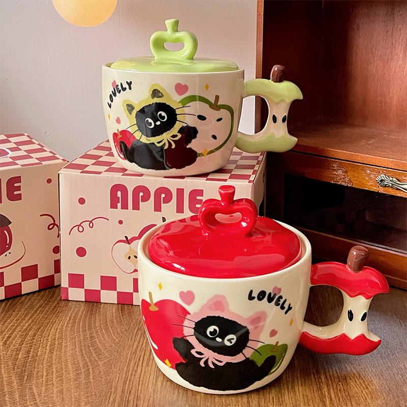 Birthday Gift Apple Cat Ceramic Cup With Lid Breakfast Household Cute Creative Drinking Cup Christmas