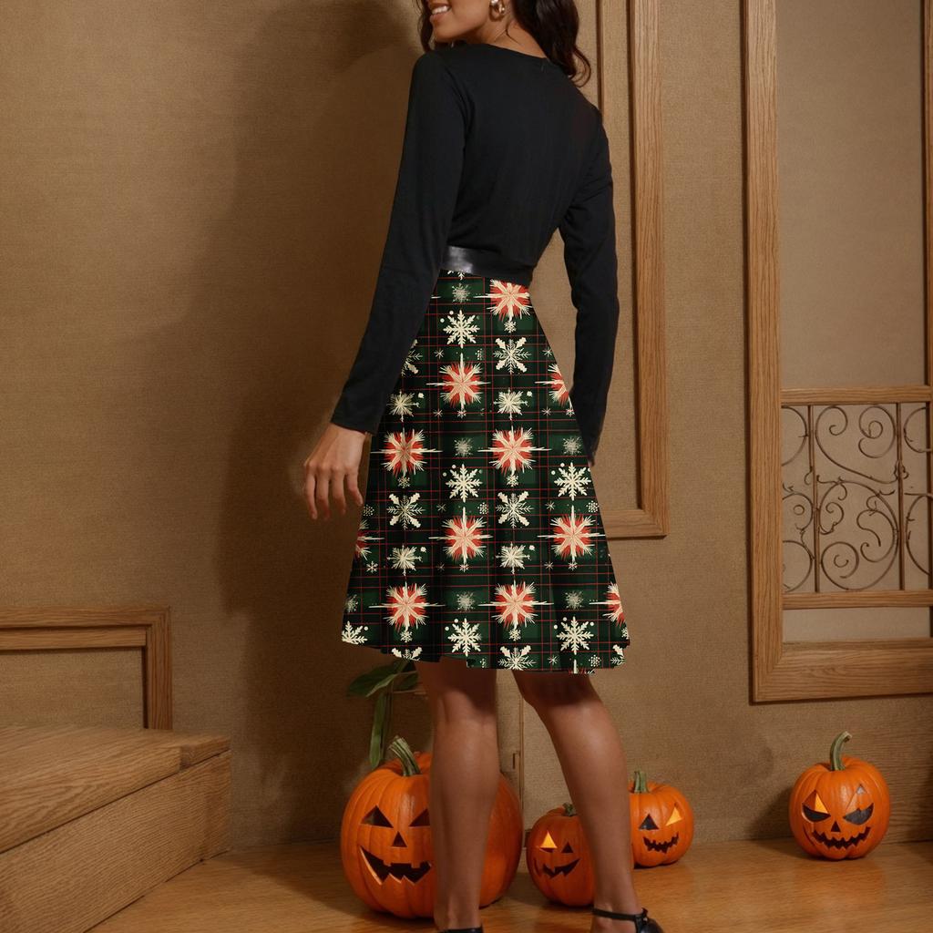 Damen Casual Mode V-Ausschnitt Langarm Retro Weihnachtsprint Retro Kleid