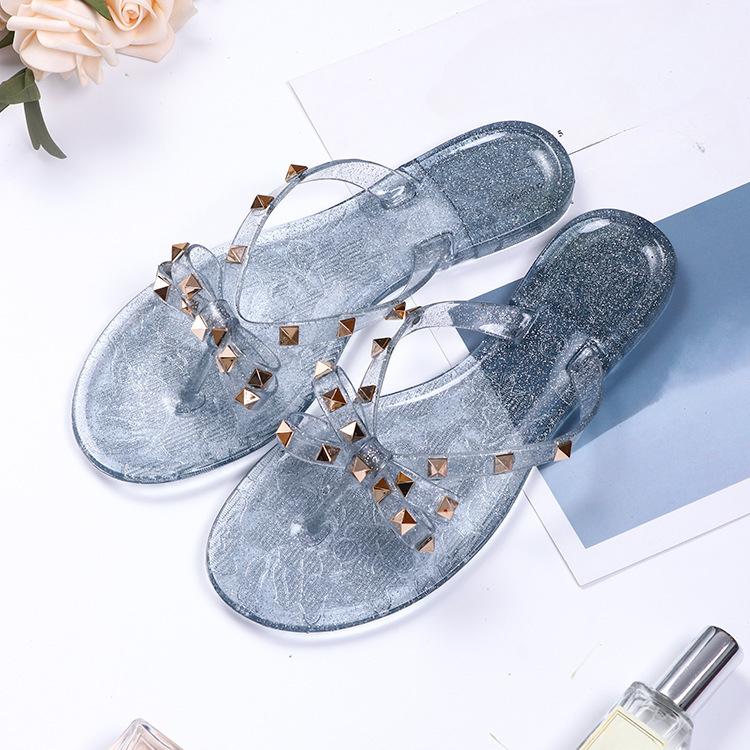 Nieten Fliege Flip-Flops Nieten Jelly Zehensandalen mit Schleife Sommer Schleife Flache Strand Regenstiefel