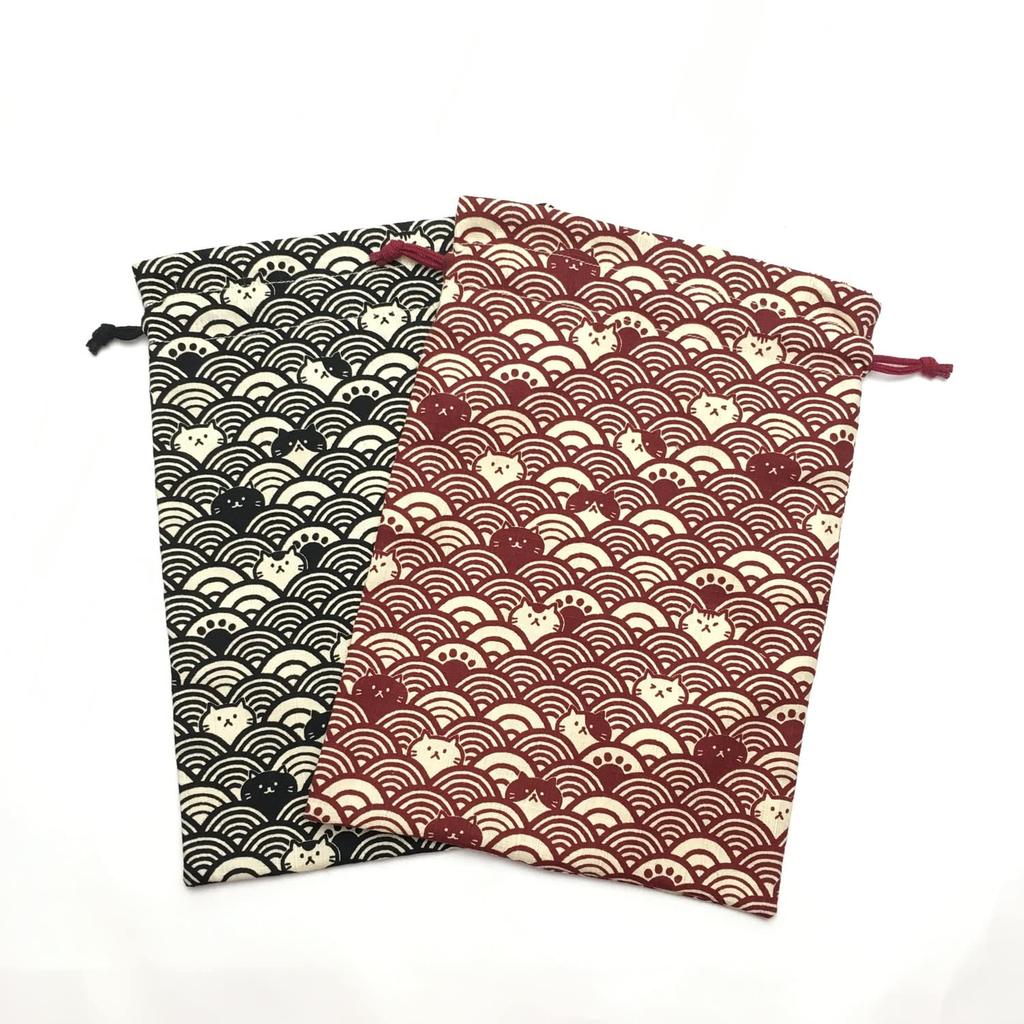 Drawstring pouch for Goshuincho stamp made in with cat drawstring Seigaiha Cat (temple/shrine book), Japan, lining, pattern, Japanese-style bag,