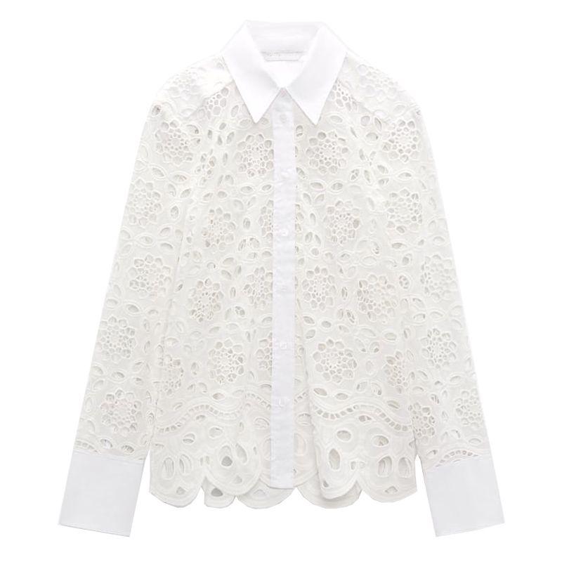 

Весенняя белая рубашка с вырезами и вышивкой на высокой талии, визуально стройнящая White Shirt L