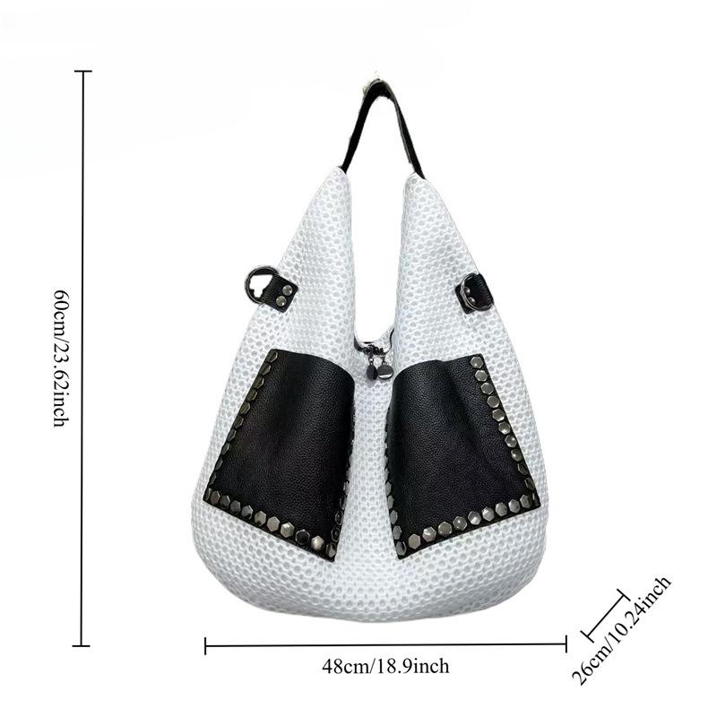 Ladies' Fashion Mesh Splicing Leather Bucket Bag Large Capacity Retro Personalized Shoulder Bag