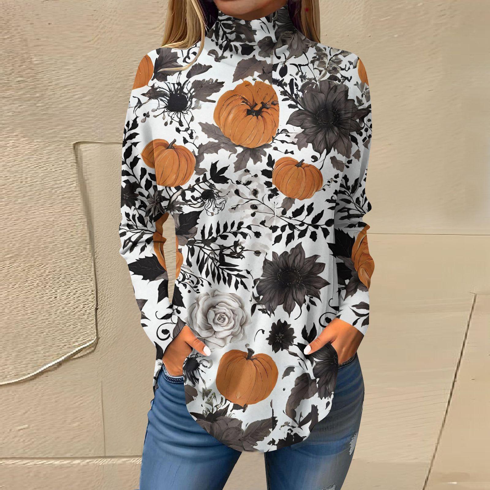 

Жіноча вільна футболка з високим горлом і принтом з довгими рукавами, верхній пуловер на Хелловін XL