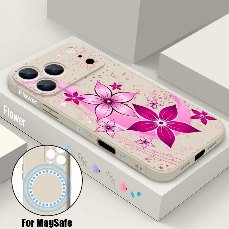 Pink Cartoon Flower Case For iPhone 17 Pro Max iPhone 16 15 14 13 Pro Max Magnetic For Magsafe Soft Silicone Phone Back Cover