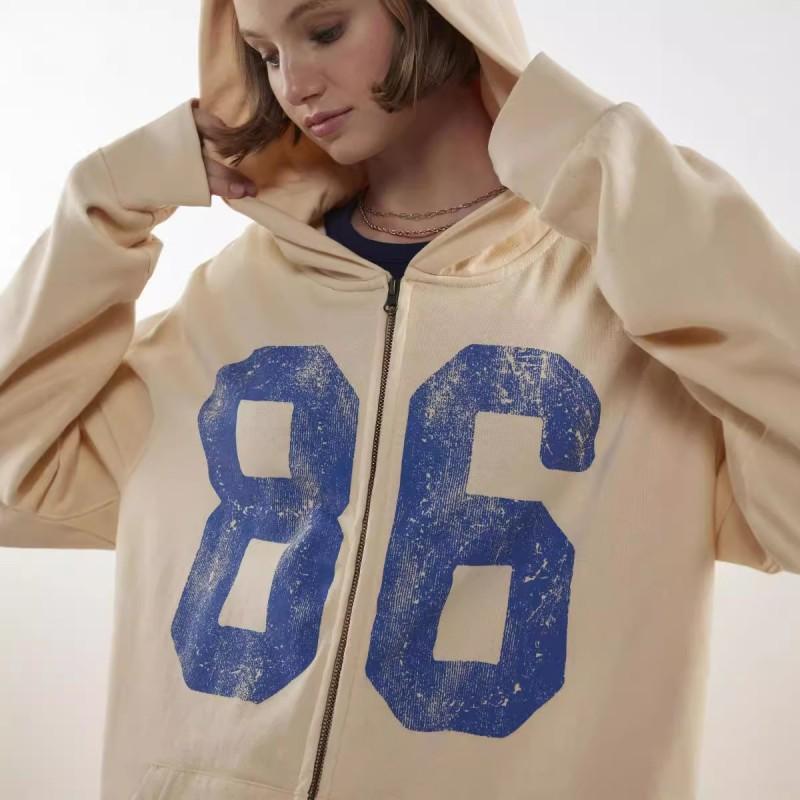 Womens Oversized Zip-Up Hoodie With Numeric Print Vintage Streetwear Long Sleeve Casual Sweatshirt