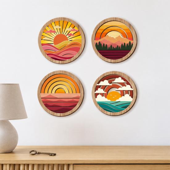 Retro Sunset Landscape Wall Art 4Pcs Boho Art, Abstract Round Hanging Ornaments, Modern Home Decor for Cafe Wooden Living Room Bedroom Hallway Office