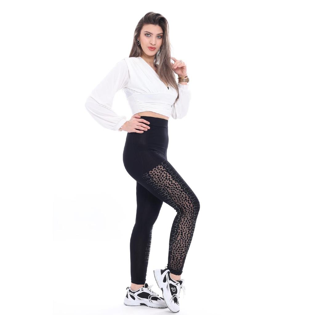 Women's Black Stone Embroidered Polka Dot Tulle Leggings