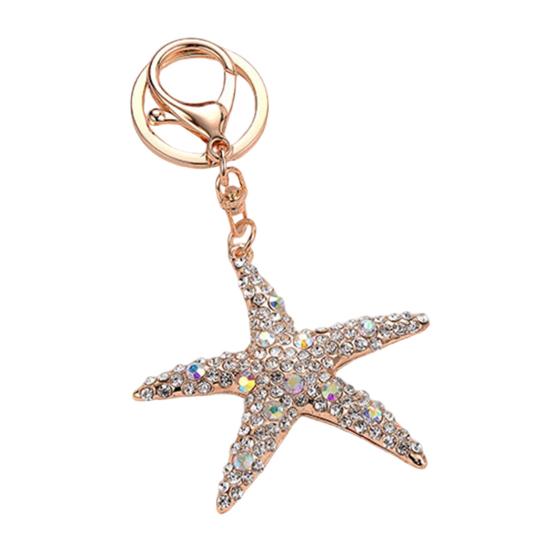 Keychain Sparkling Rhinestones Inlaid Starfish Design Keychain Pendant Enamel Oil Drip Process Smooth Edges Spring Buckle Key Holder Backpacks