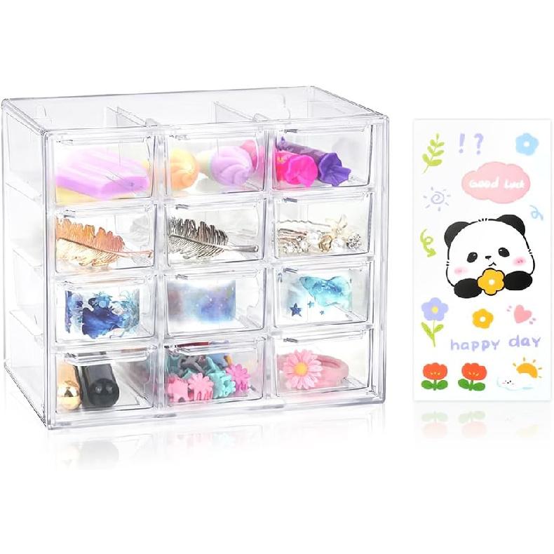 2 Pcs Acrylic Clear Stackable Storage Drawers, Desk Storage Organizer with 9 Mini Drawers, Removable Storage Box with Sticker for Makeup Jewelry