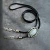 Men Women Handmade Vintage Bolo Tie Western Cowboy Braided Rope Necktie with Antique Stone Feathered Pendant Necklace