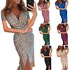 European Style Women's Shiny V-Neck Long Sleeve Formal Evening Dress