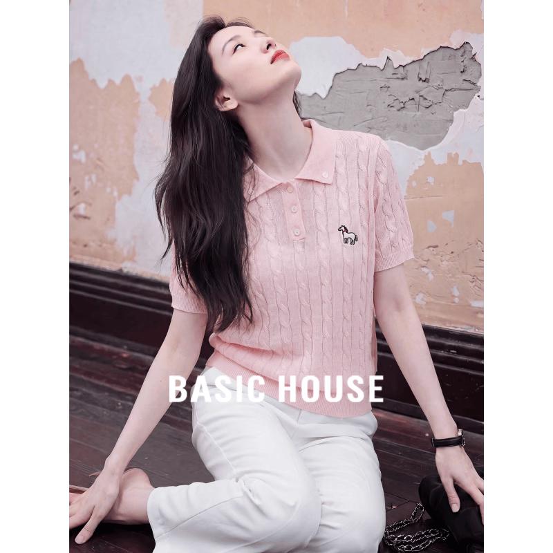 Basic House Women s Tencel Linen Blend Polo Knit Shirt with Horse Embroidery M