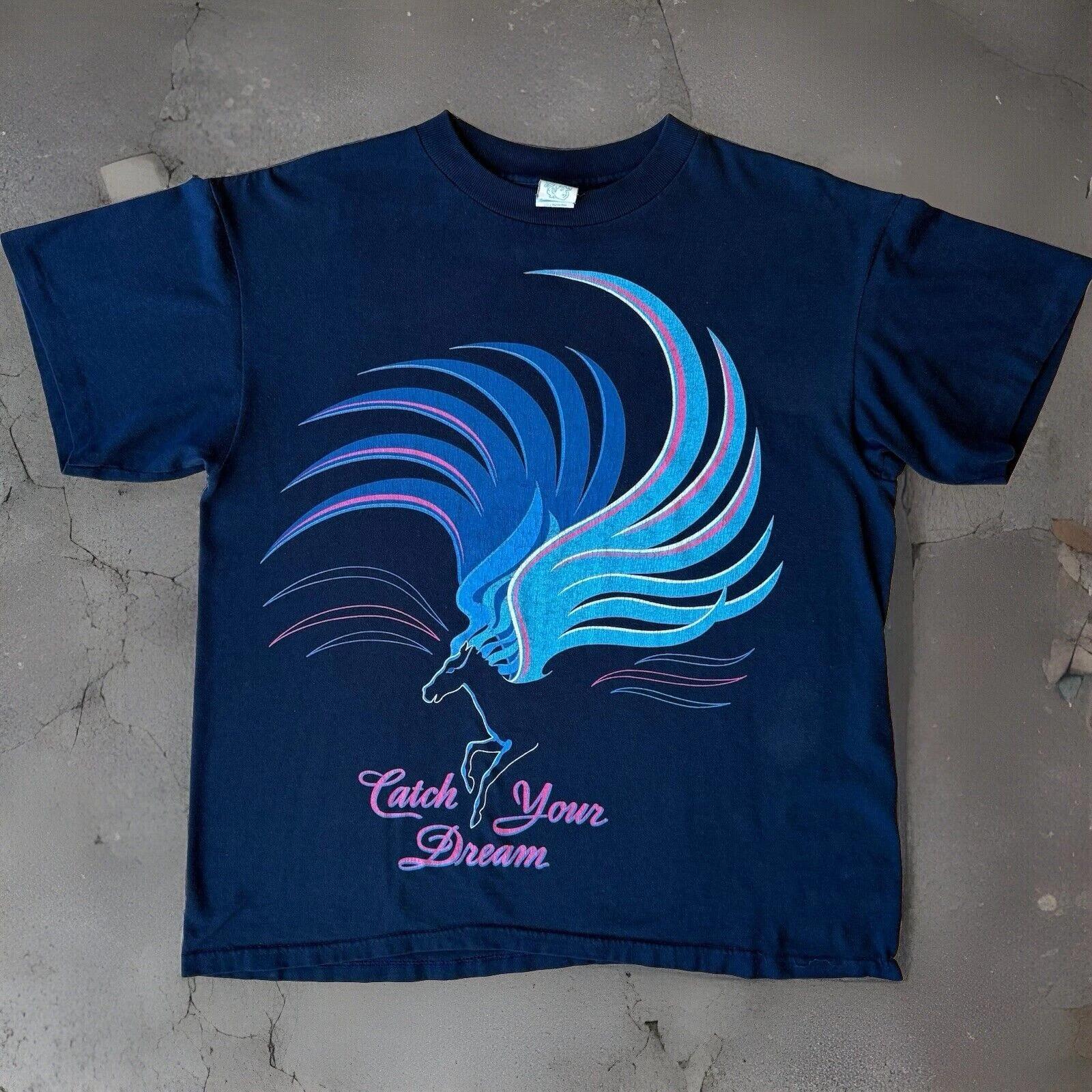 Vintage Horse Shirt L Blue 90s Catch Your Dream Glam Art Unicorn California L