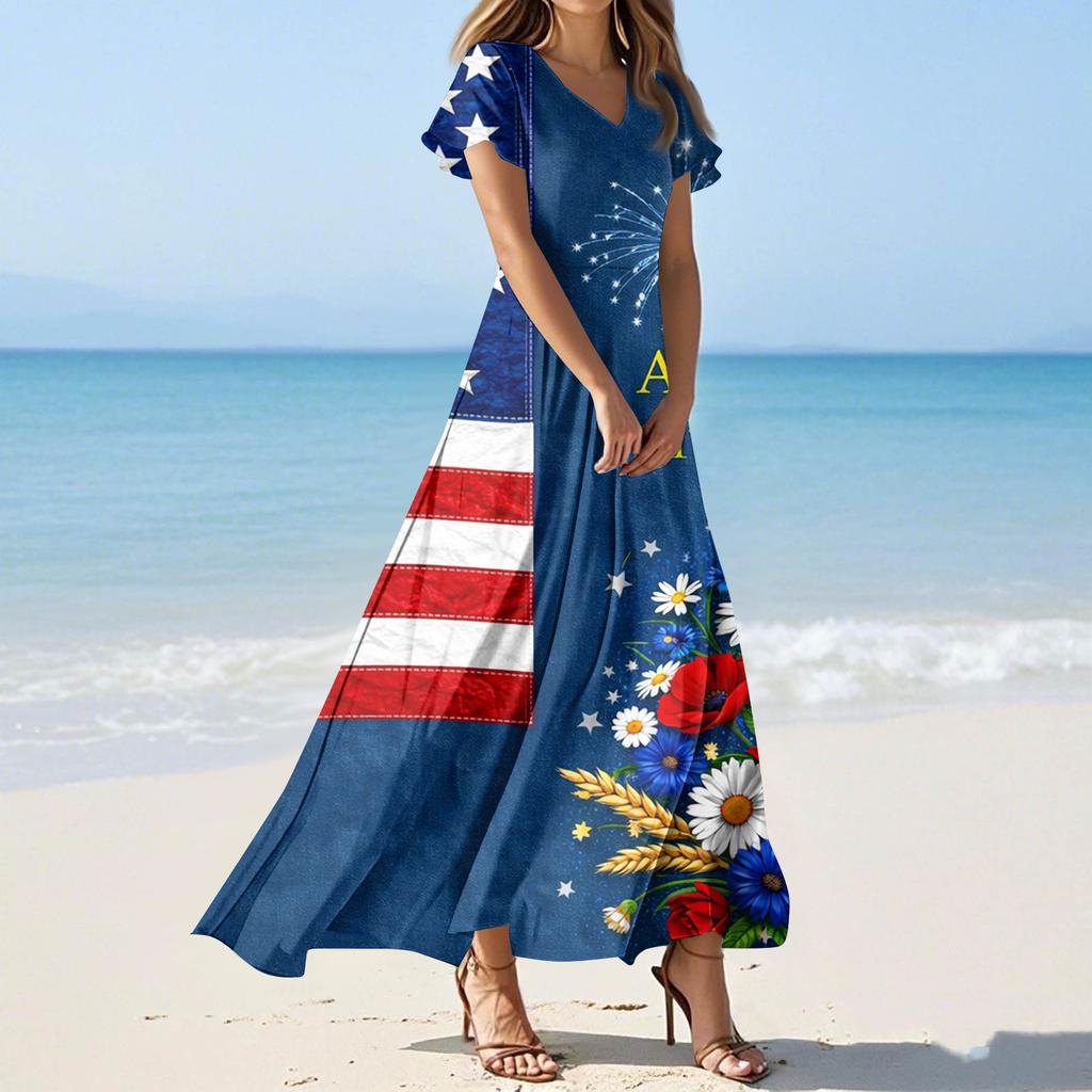 Dámské letní ležérní módní šaty s barevným potiskem Šaty s krátkým rukávem s výstřihem do V