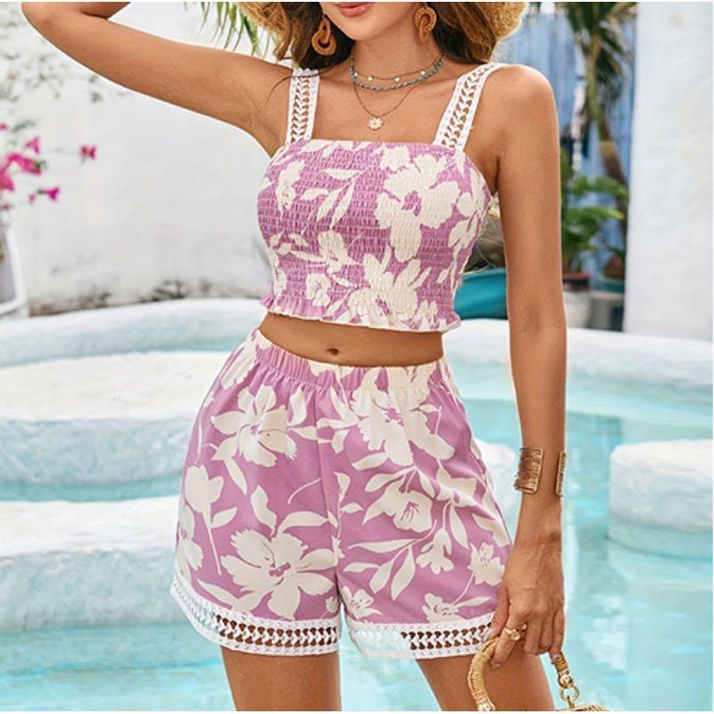 

Strap Shorts Set2025 European and American New Summer Women Flower Print Sling Top Shorts Set Lotus root starch XL
