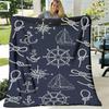 Nautical Anchor And Ship Wheel Print Flannel Blanket Dark Blue with White Maritime Design, Soft Lightweight All-Season Throw for Bed, Sofa, Or Nautica