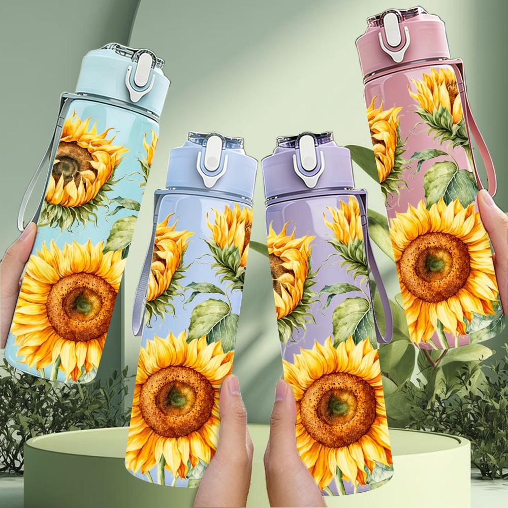 1PC Sunflower Boho Farm Floral Pattern 750ml Color Plastic Sports Water Bottle Leakproof Flip Straw Lid Suitable for Sports Office Home Use