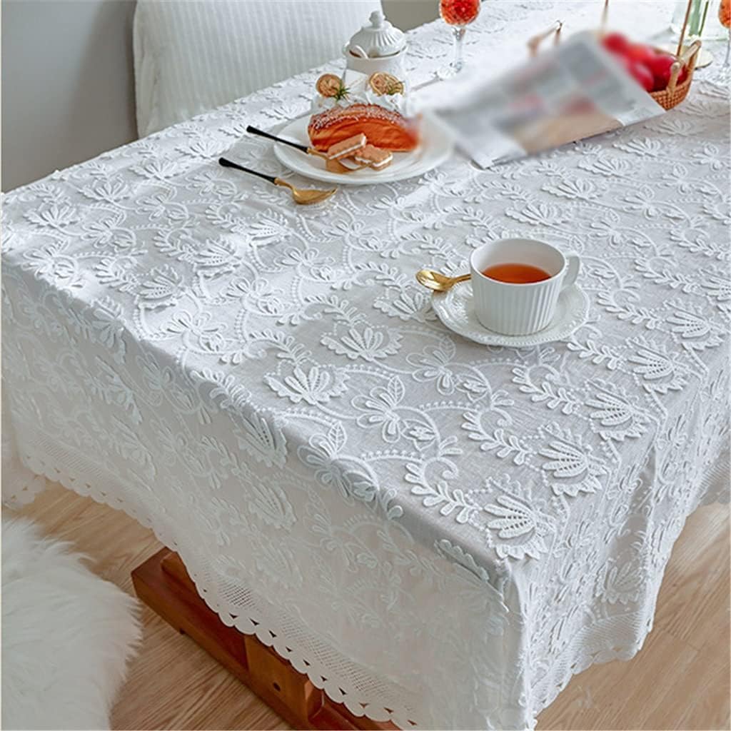 Weißer Spitzentischdecke für rechteckige Tische, Rustikaler bestickter Tischdecke für Abendessen, Hochzeit, Empfang, Heimdekoration