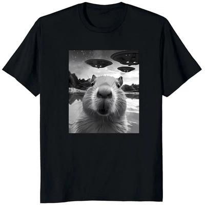 Funny Capybara Graphic Tee Shirt Men Selfie with UFOs Printed Tops Summer Casual Loose Fashion Funny O-Neck Short Sleeve T-shirt