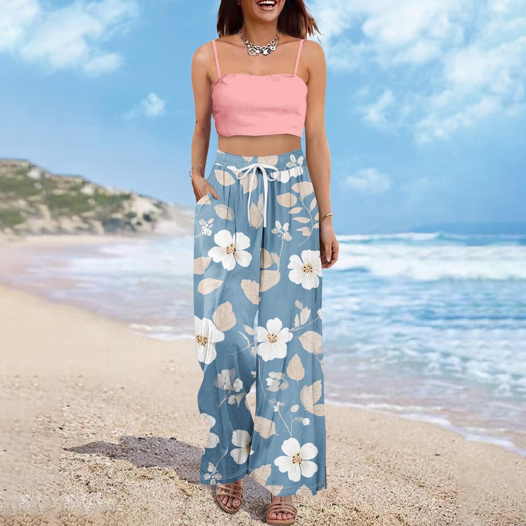 Dámské letní kalhoty Boho Palazzo s vysokým pasem a širokými nohavicemi s květinovým potiskem ležérní kalhoty s kapsami