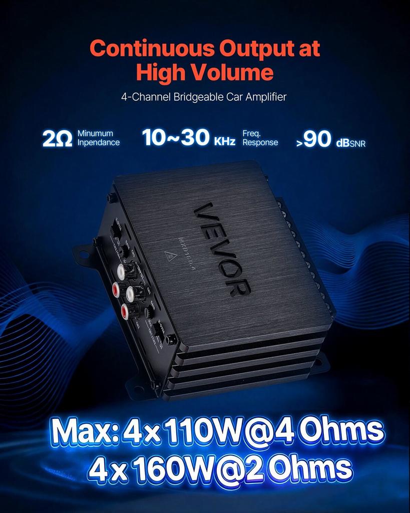 Car Audio Amplifier, 4-Channel Bridgeable Car Amplifier, Multichannel Class D Stereo Amp, Max. 4 X 110W At 4 Ohms / 4 X 160W At 2 Ohms, High Output,