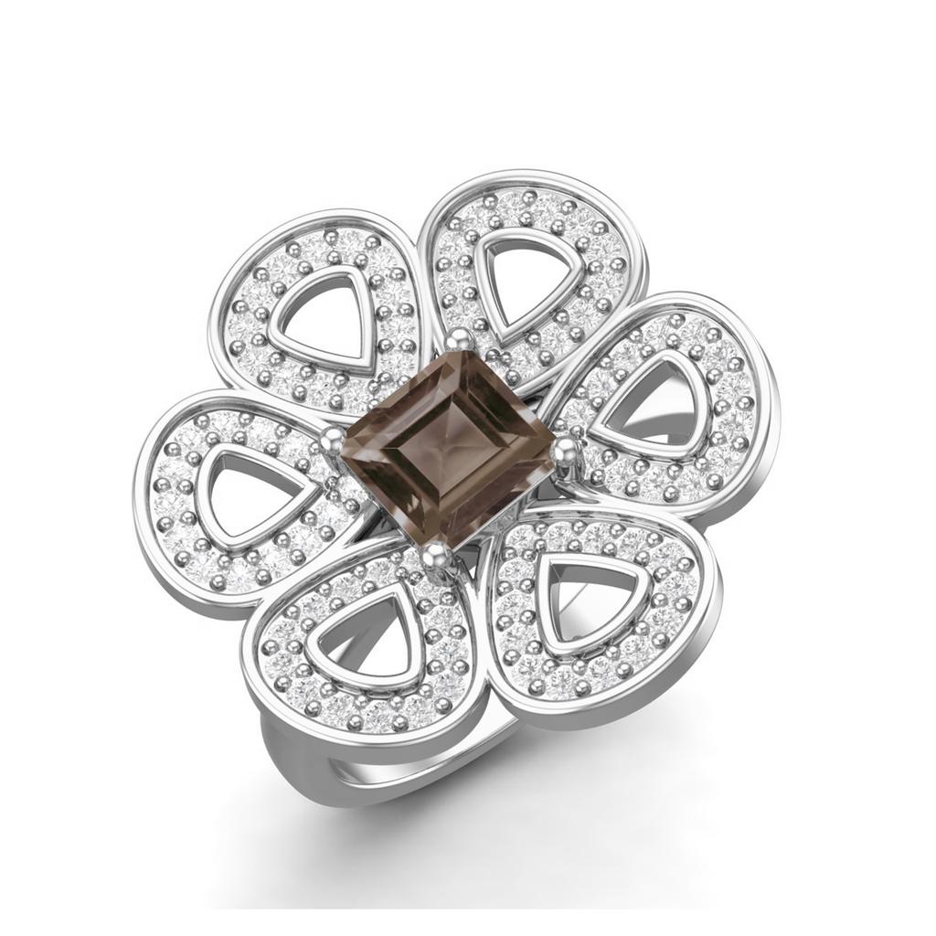 1.33 Ctw Square Smoky Quartz 925 Sterling Silver Cocktail Cluster Women Wedding Ring