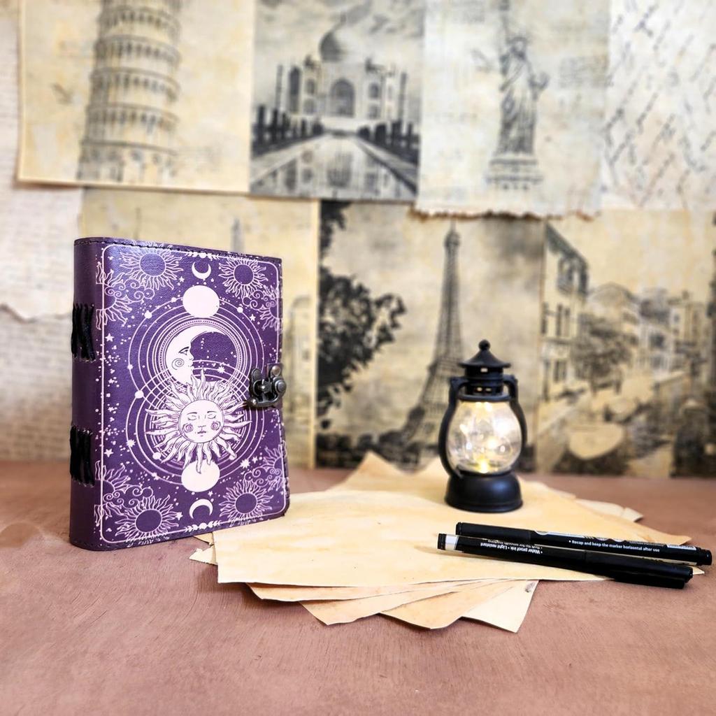 Vintage Sun Moon Leather Journal  Handmade  200 Deckle Edge Pages  C-Lock