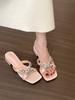 Fashion Hot Selling 2025 Summer Wear Rhinestone Crossover with Open Toe Square Toe Slippers for Women Small Block Heel Low Heel Slippers