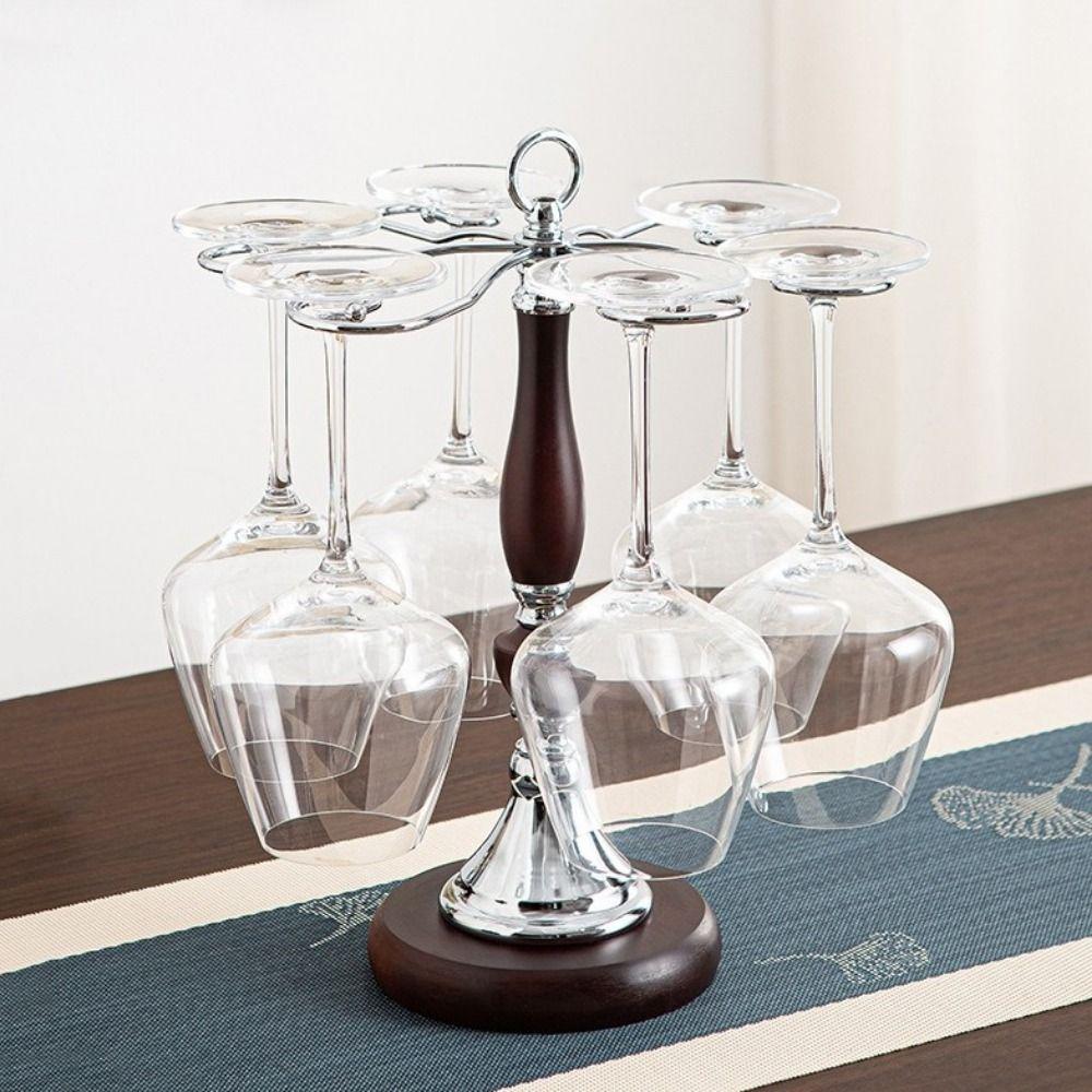 Freestanding 6 Bottles Wine Glass Rack Wooden High-Stem Glass Holder Bar Accessory