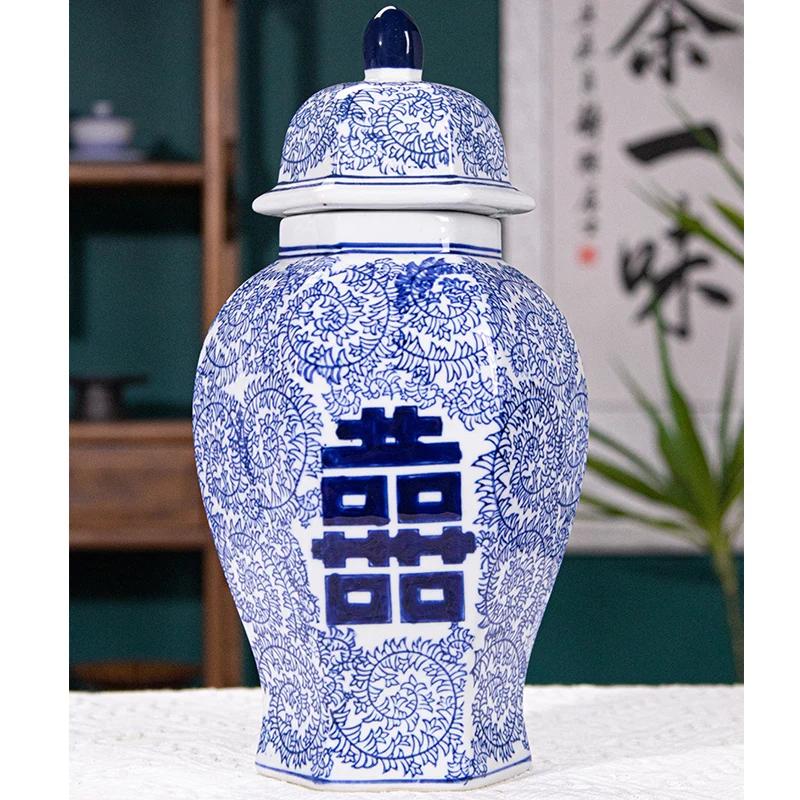 New Chinese Style Ceramic Jar Vase Entrance DecorationTV cabinet Decoration Hexagonal General Jar