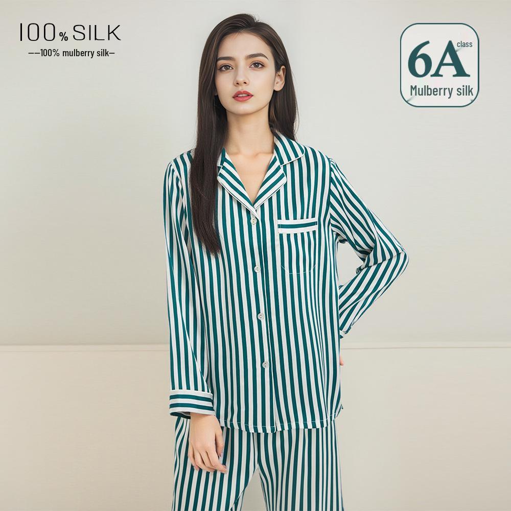 Spring-Summer 19 Momme Women s Silk Pajamas Set - 100% Mulberry Silk, Striped, Long Sleeve & Pants L (50-60 kg)
