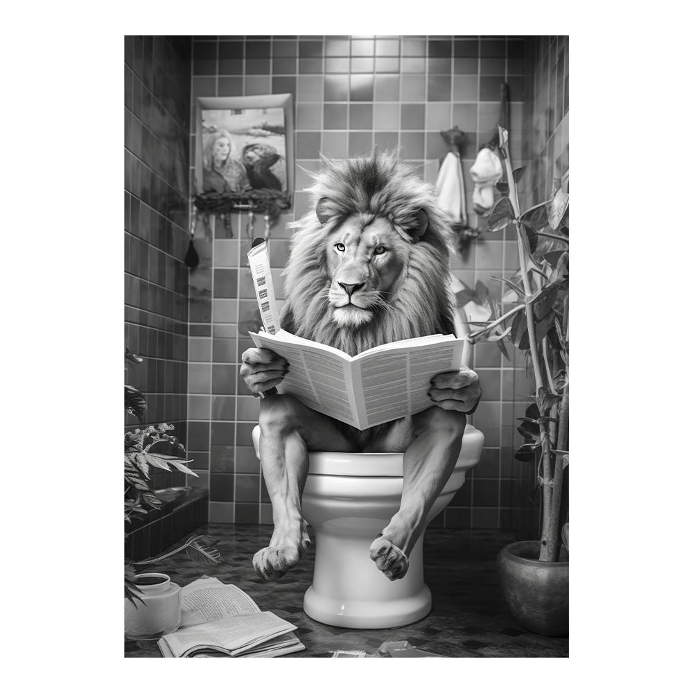 Funny Bathroom Lion Sitting On Toilet Reading Newspaper Poster Modern Wall Art HD Picture Canvas Print For Room Home Decor