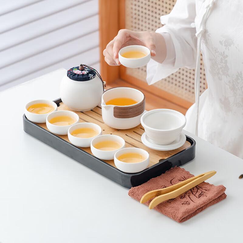 Portable Rough Pottery Travel Tea Set with Blue Leather Carry Bag