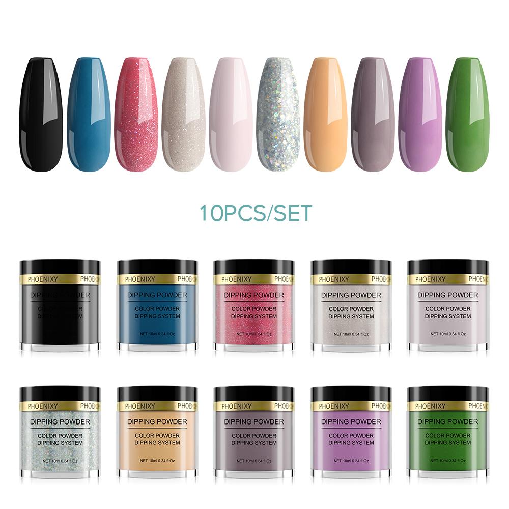 

PHOENIXY 6/8/10 цветов Набор пудры для ногтей Набор пудры для ногтей Украшения с блестками для окунания в пудру Жидкая система без отверждения лампой Инструменты для нейл-арта
